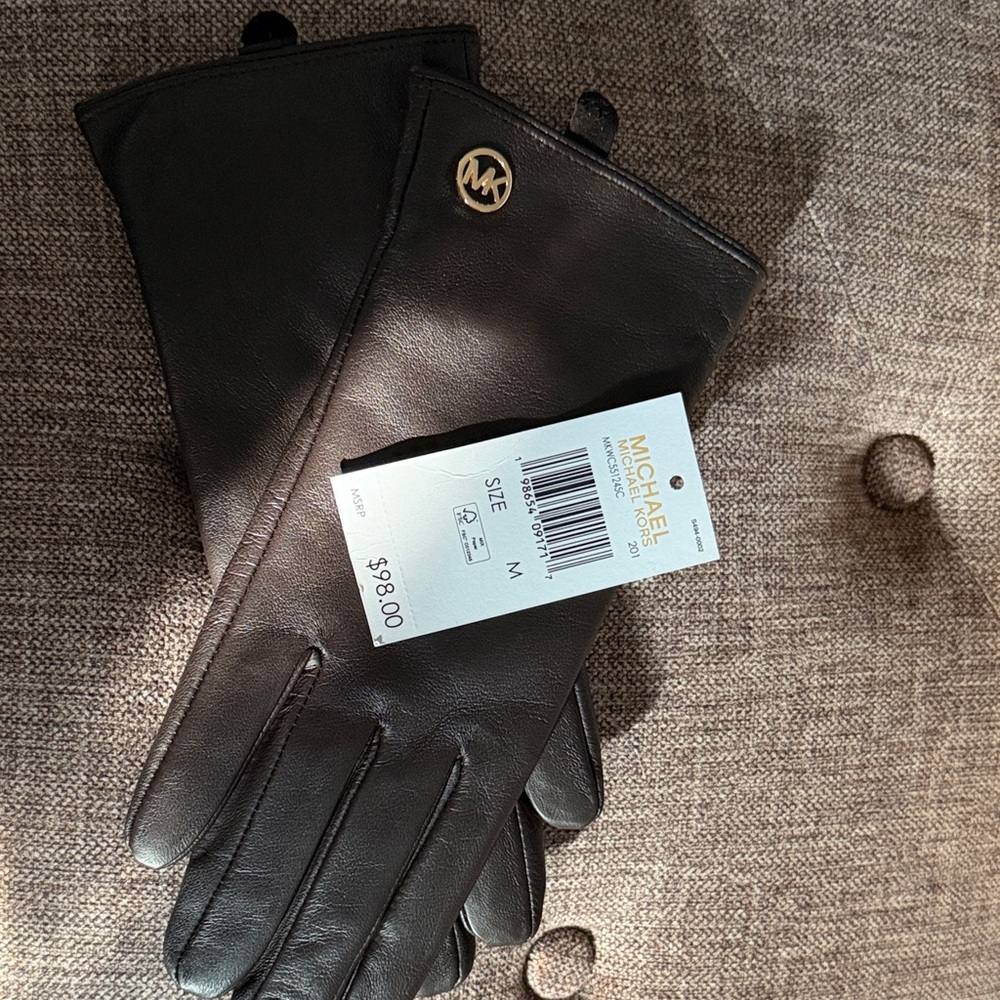 Michael Kors Dark Leather Gloves with Logo